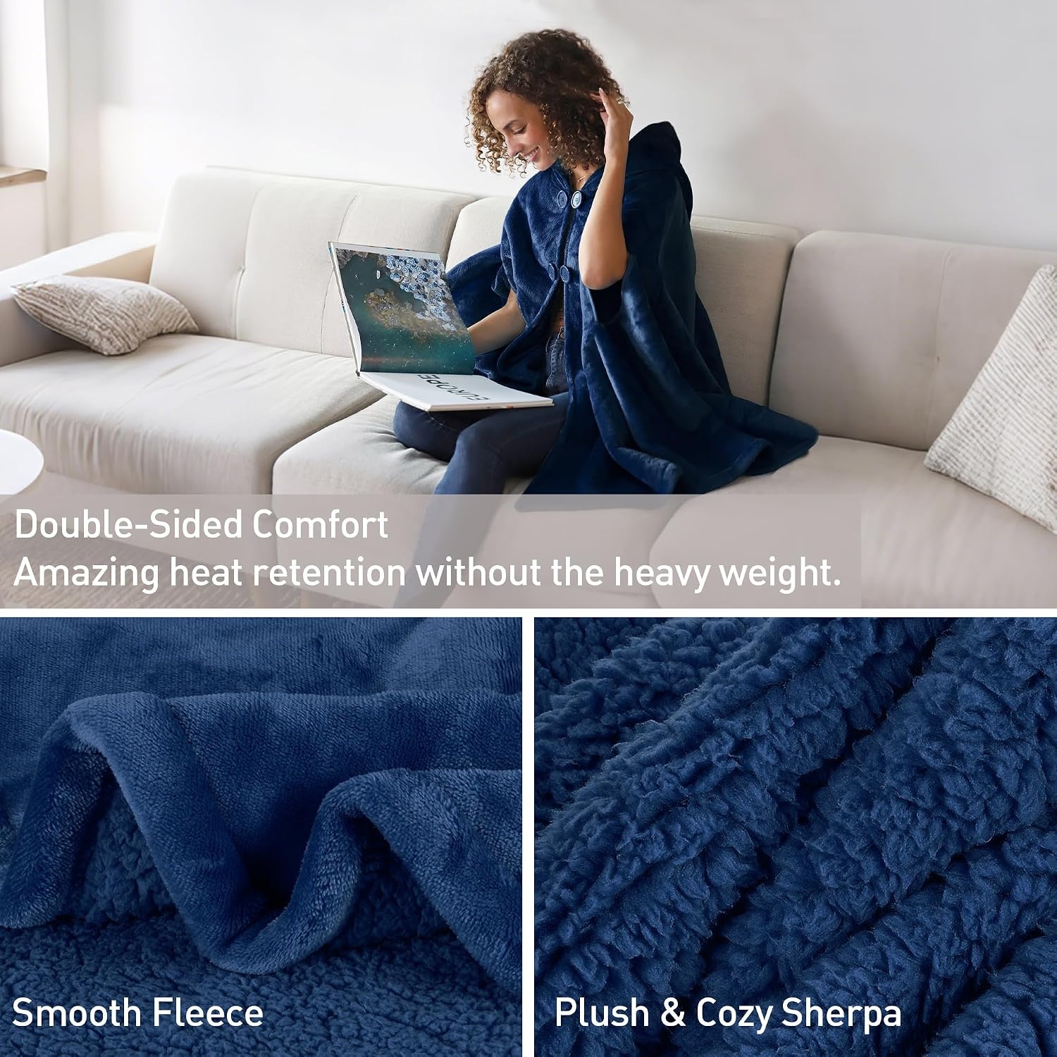 image:imageCatalonia Womens Hooded Poncho Cape Oversized Sherpa Fleece Cloak CoatNavy