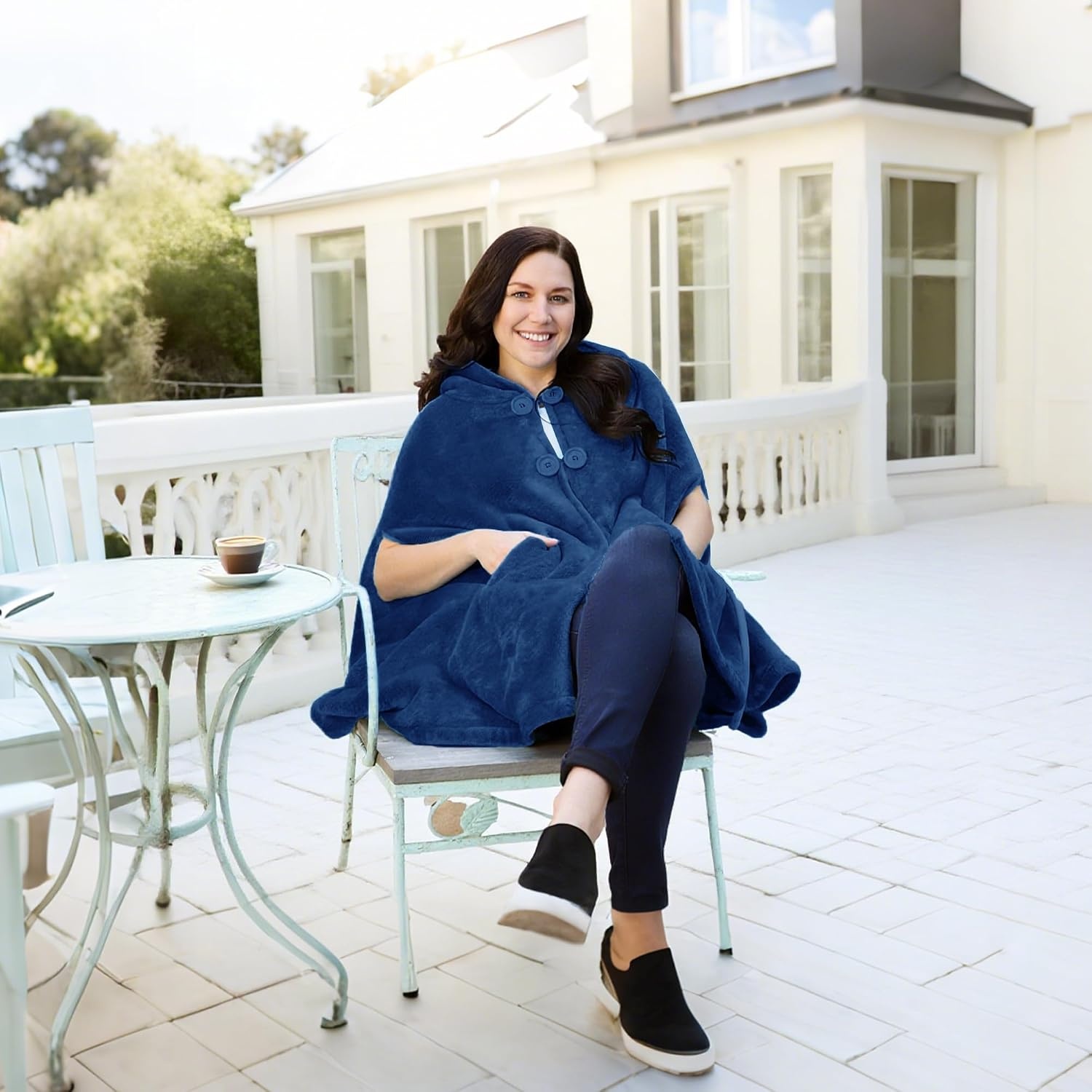 image:imageCatalonia Womens Hooded Poncho Cape Oversized Sherpa Fleece Cloak CoatNavy