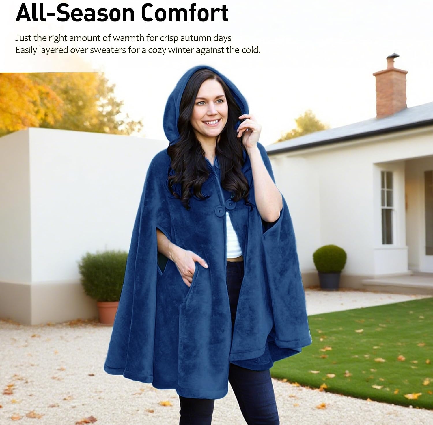 image:imageCatalonia Womens Hooded Poncho Cape Oversized Sherpa Fleece Cloak CoatNavy