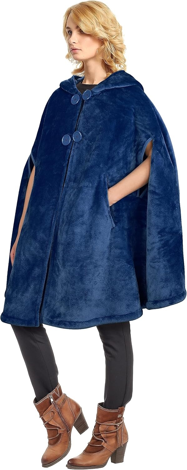 image:imageCatalonia Womens Hooded Poncho Cape Oversized Sherpa Fleece Cloak CoatNavy