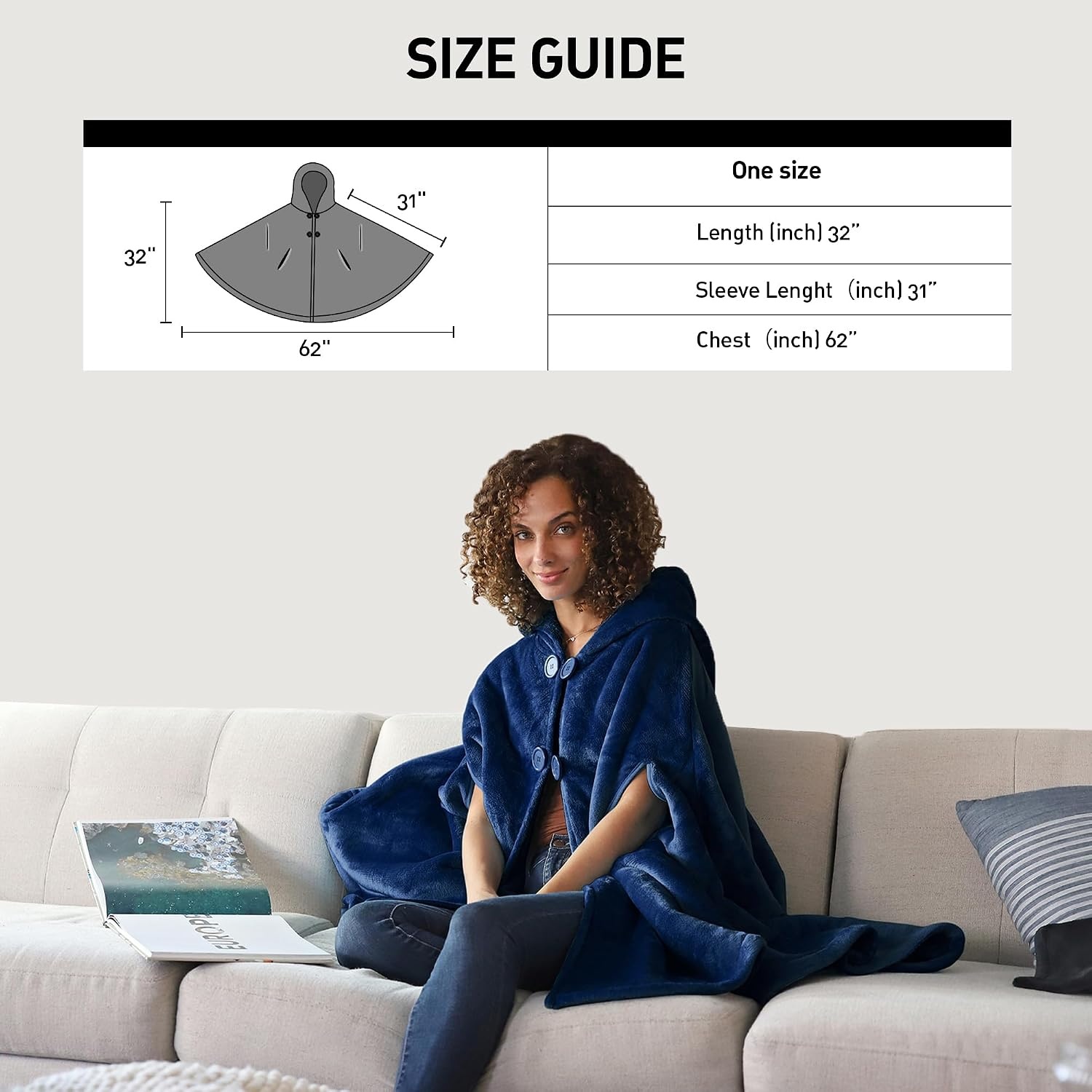 image:imageCatalonia Womens Hooded Poncho Cape Oversized Sherpa Fleece Cloak CoatNavy