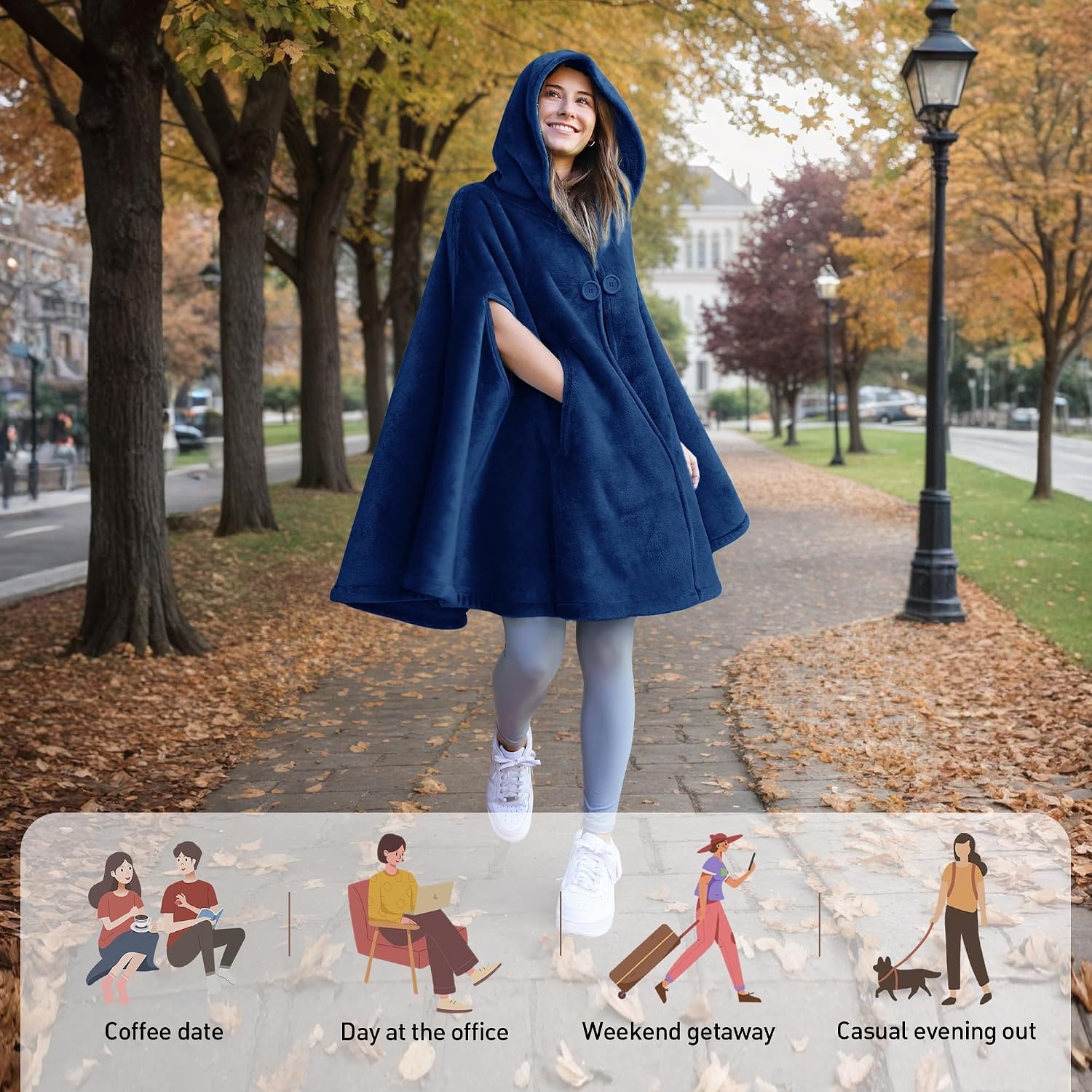image:imageCatalonia Womens Hooded Poncho Cape Oversized Sherpa Fleece Cloak CoatNavy
