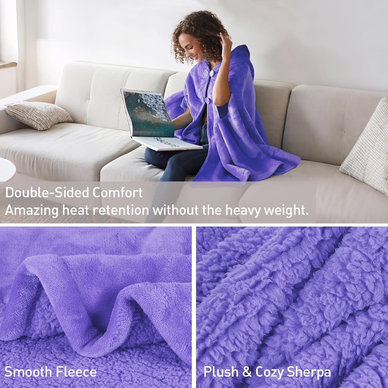 image:imageCatalonia Womens Hooded Poncho Cape Oversized Sherpa Fleece Cloak CoatPurple