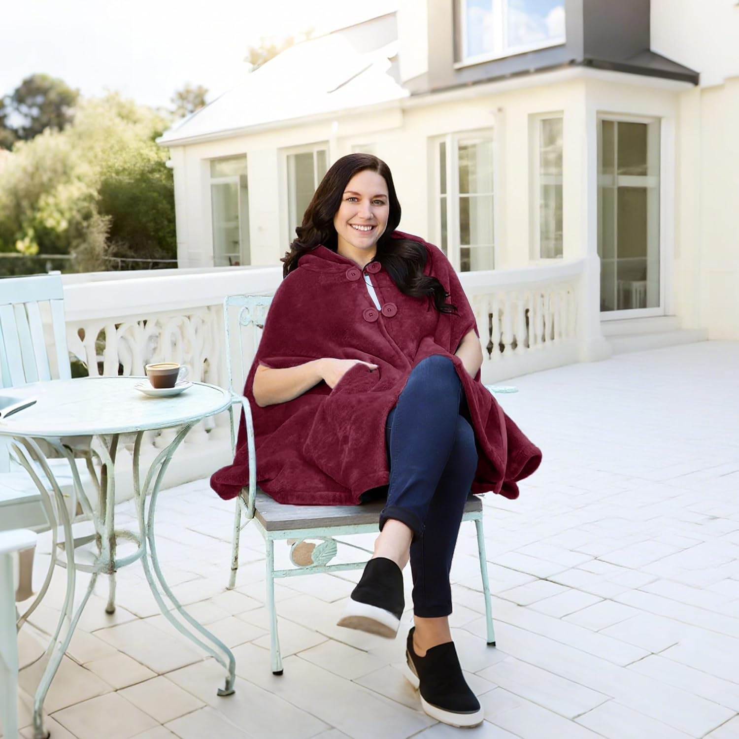 image:imageCatalonia Womens Hooded Poncho Cape Oversized Sherpa Fleece Cloak CoatWine