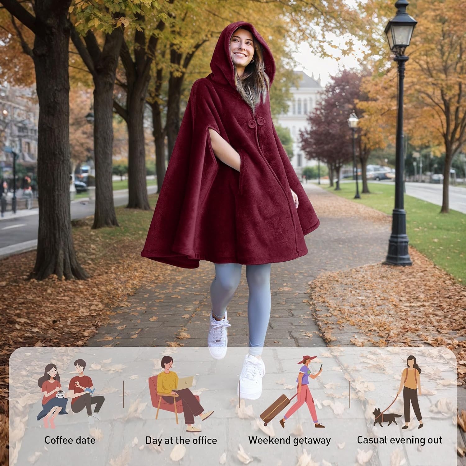 image:imageCatalonia Womens Hooded Poncho Cape Oversized Sherpa Fleece Cloak CoatWine