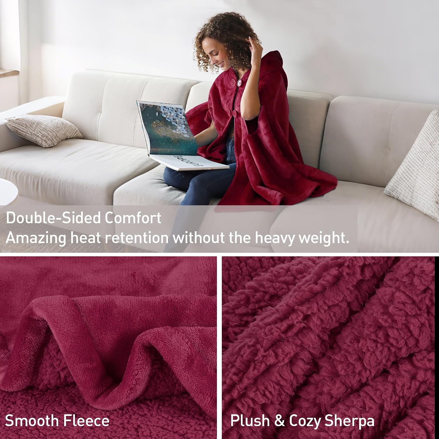 image:imageCatalonia Womens Hooded Poncho Cape Oversized Sherpa Fleece Cloak CoatWine