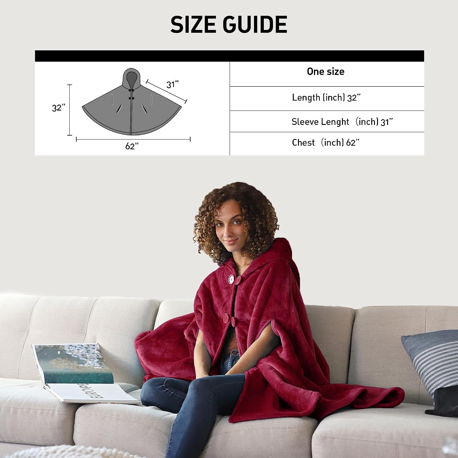 image:imageCatalonia Womens Hooded Poncho Cape Oversized Sherpa Fleece Cloak CoatWine