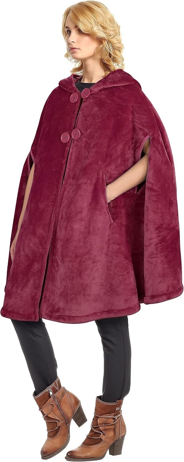 image:imageCatalonia Womens Hooded Poncho Cape Oversized Sherpa Fleece Cloak CoatWine