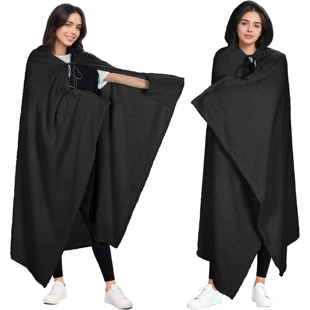 image:imageCatalonia Womens Hooded Blanket Poncho Wearable Blanket with Hand PocketsBlack