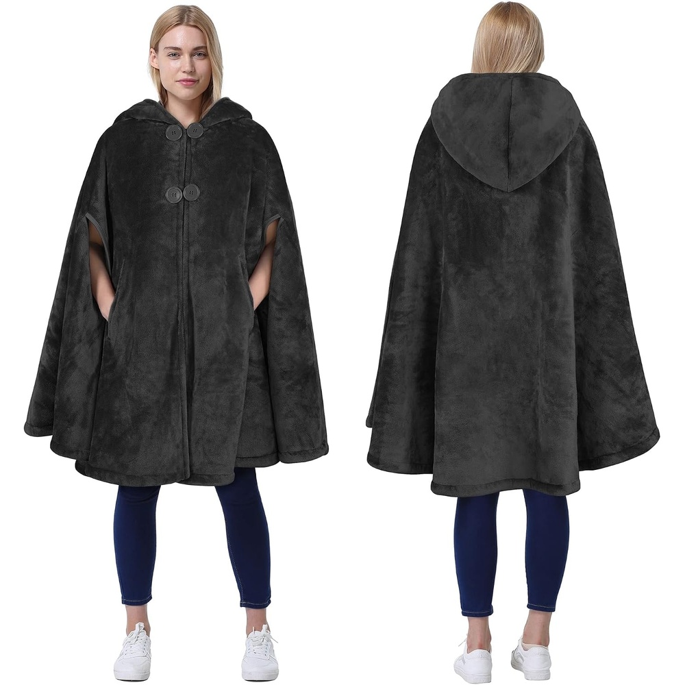 image:imageCatalonia Womens Hooded Poncho Cape Oversized Sherpa Fleece Cloak CoatBlack