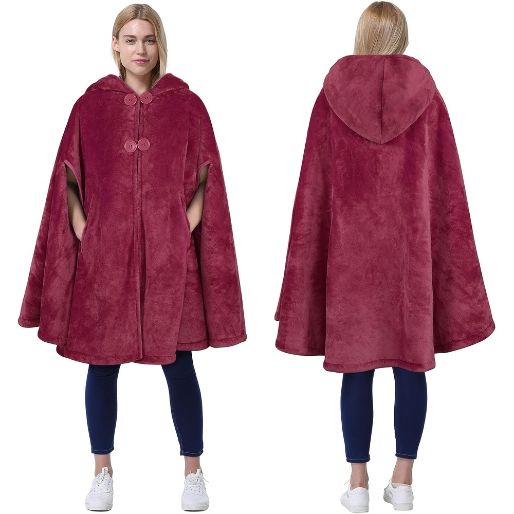 image:imageCatalonia Womens Hooded Poncho Cape Oversized Sherpa Fleece Cloak CoatWine