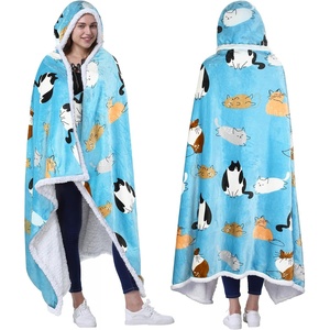 Catalonia Women’s Hooded Blanket Poncho, Wearable Blanket with Hand Pockets(Blue Cat)