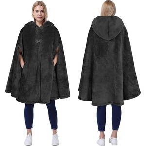 Catalonia Women’s Hooded Poncho Cape, Oversized Sherpa Fleece Cloak Coat(Black)