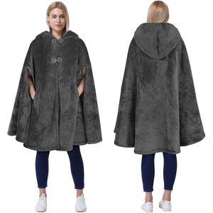 Catalonia Women’s Hooded Poncho Cape, Oversized Sherpa Fleece Cloak Coat(Grey)