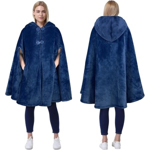 Catalonia Women’s Hooded Poncho Cape, Oversized Sherpa Fleece Cloak Coat(Navy)