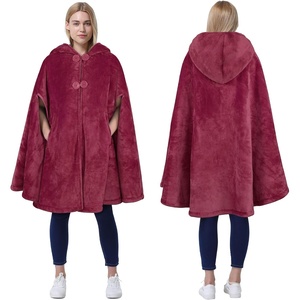 Catalonia Women’s Hooded Poncho Cape, Oversized Sherpa Fleece Cloak Coat(Wine)