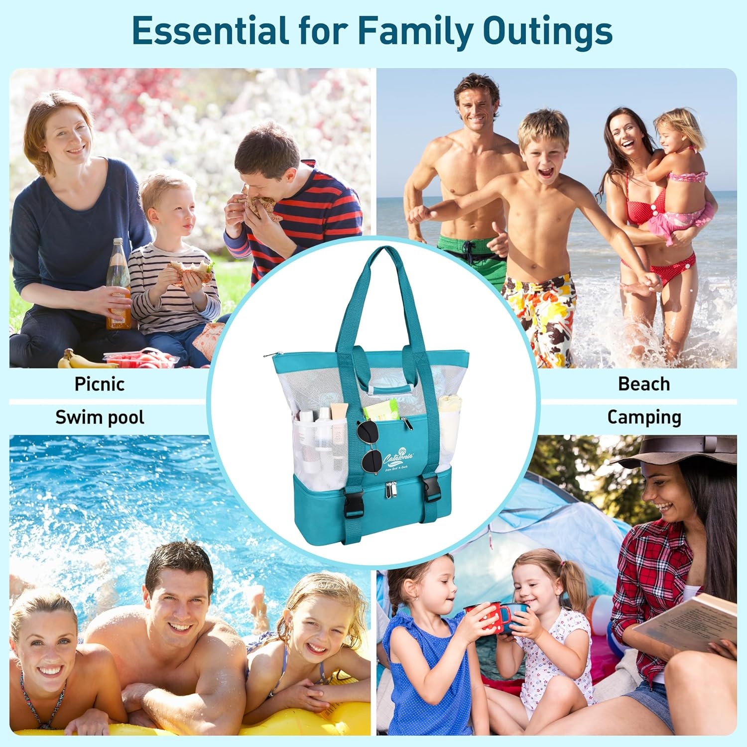 image:imageCatalonia Large Beach Tote Bag with Cooler Bag Mesh Carryall for WomenAqua