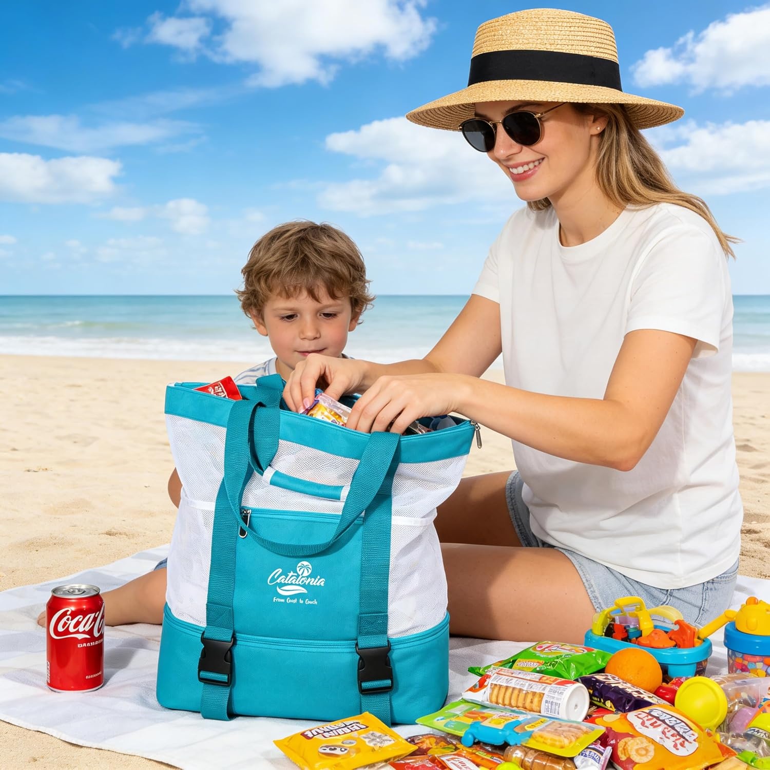 image:imageCatalonia Large Beach Tote Bag with Cooler Bag Mesh Carryall for WomenAqua