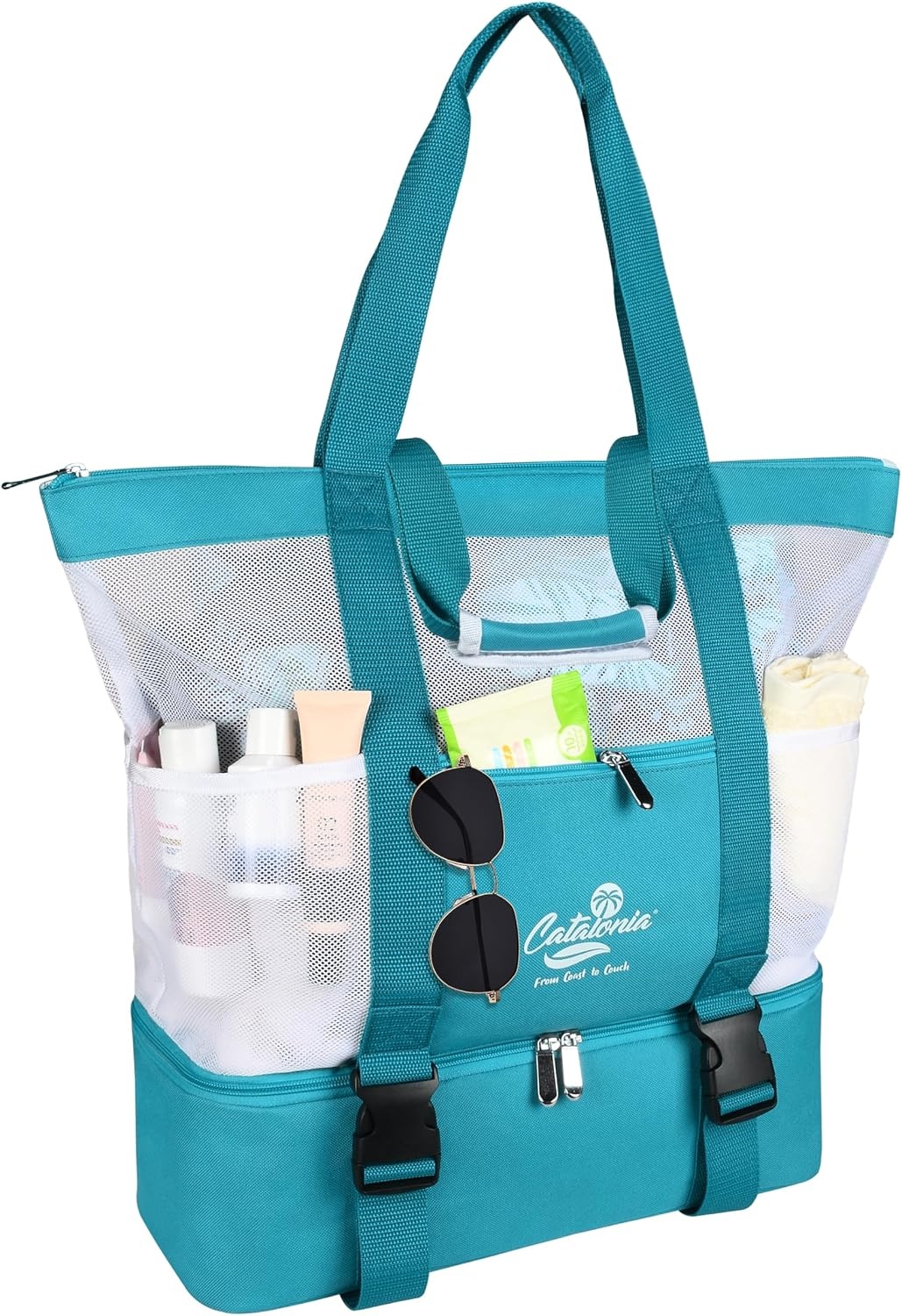 image:imageCatalonia Large Beach Tote Bag with Cooler Bag Mesh Carryall for WomenAqua