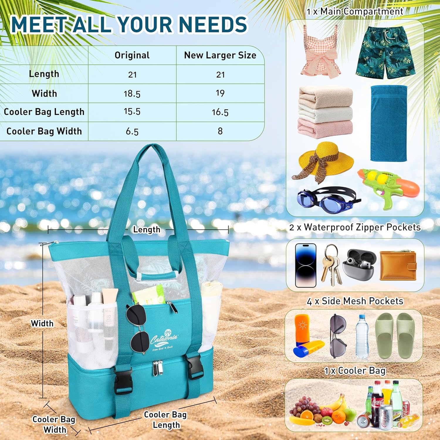 image:imageCatalonia Large Beach Tote Bag with Cooler Bag Mesh Carryall for WomenAqua