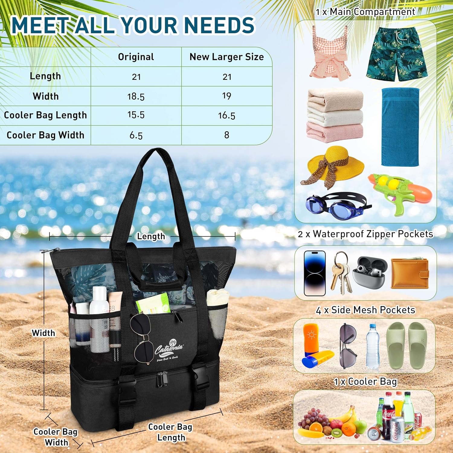 image:imageCatalonia Large Beach Tote Bag with Cooler Bag Mesh Carryall for WomenBlack