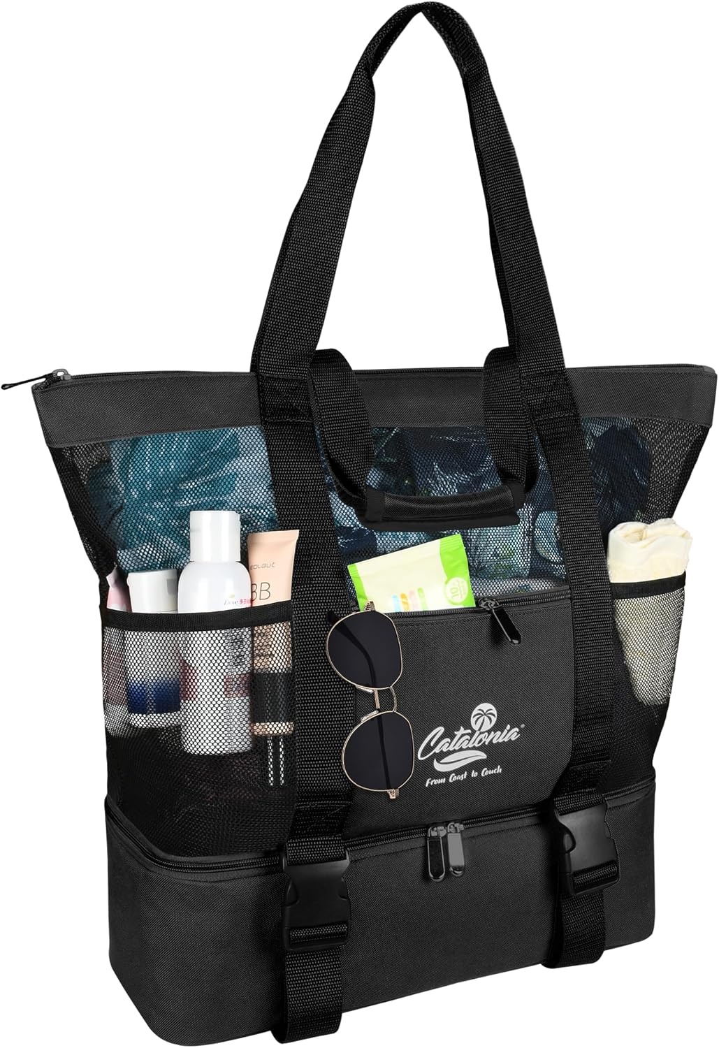 image:imageCatalonia Large Beach Tote Bag with Cooler Bag Mesh Carryall for WomenBlack