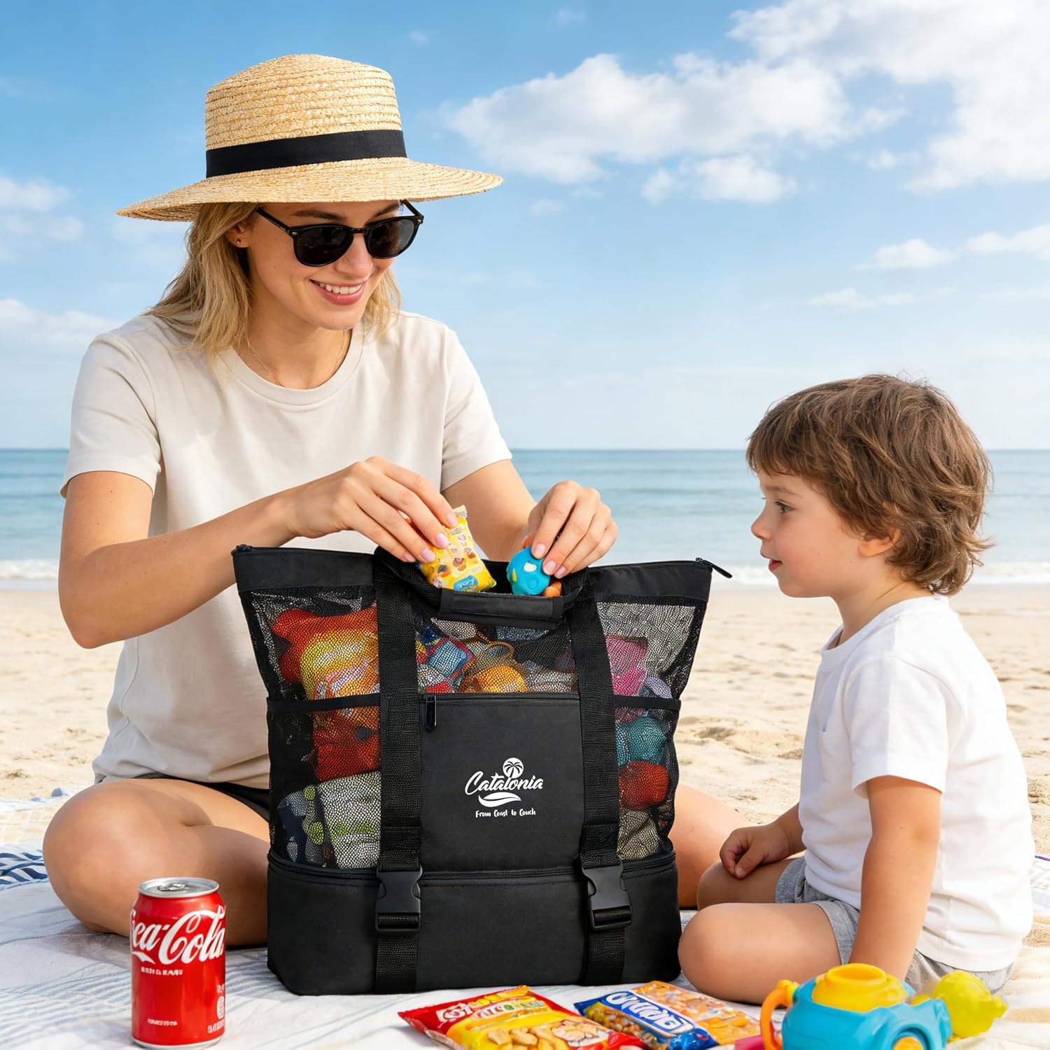 image:imageCatalonia Large Beach Tote Bag with Cooler Bag Mesh Carryall for WomenBlack