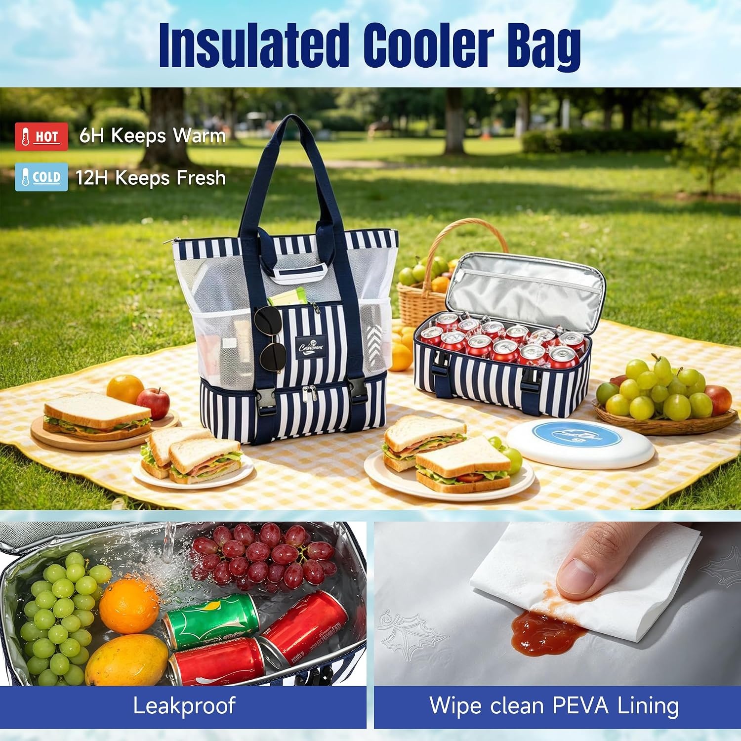 image:imageCatalonia Large Beach Tote Bag with Cooler Bag Mesh Carryall for WomenNavy striped