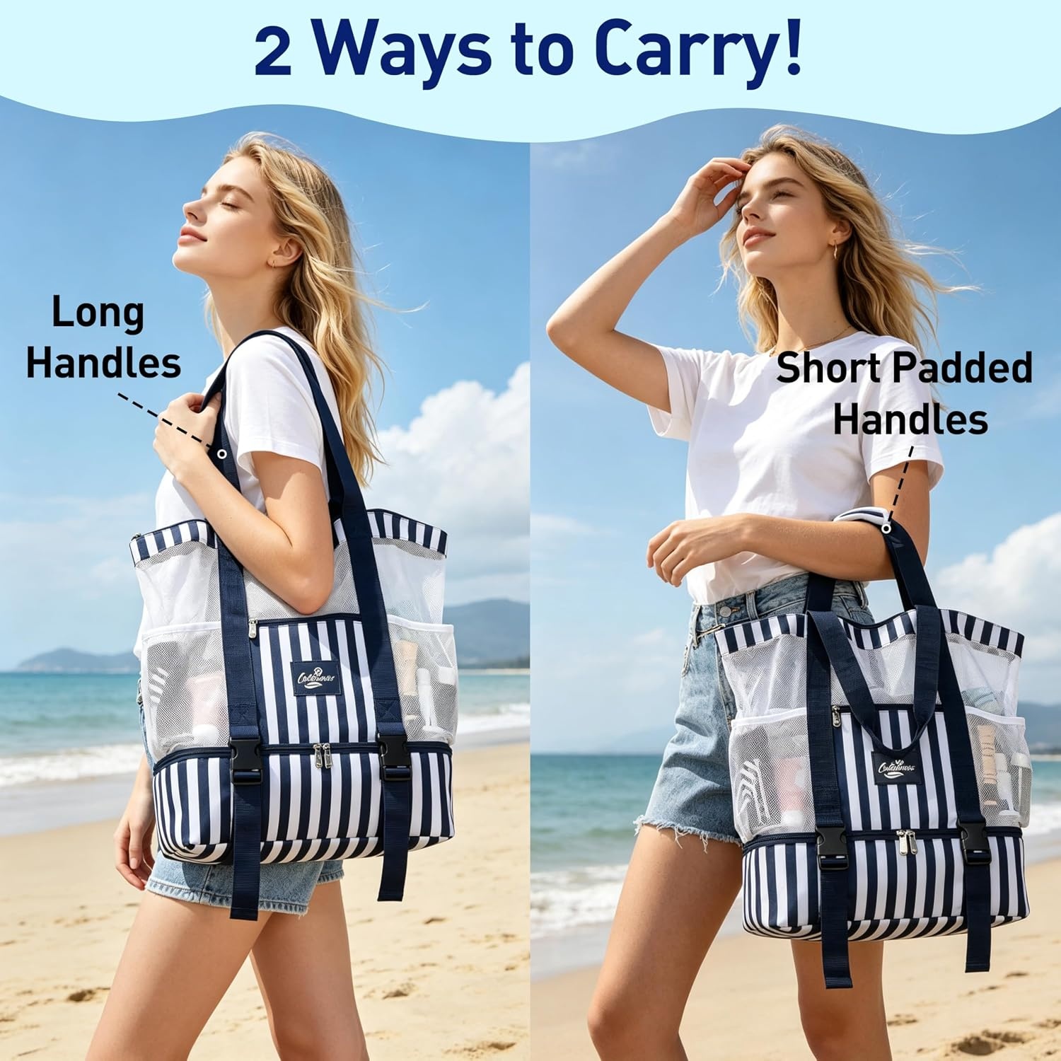 image:imageCatalonia Large Beach Tote Bag with Cooler Bag Mesh Carryall for WomenNavy striped