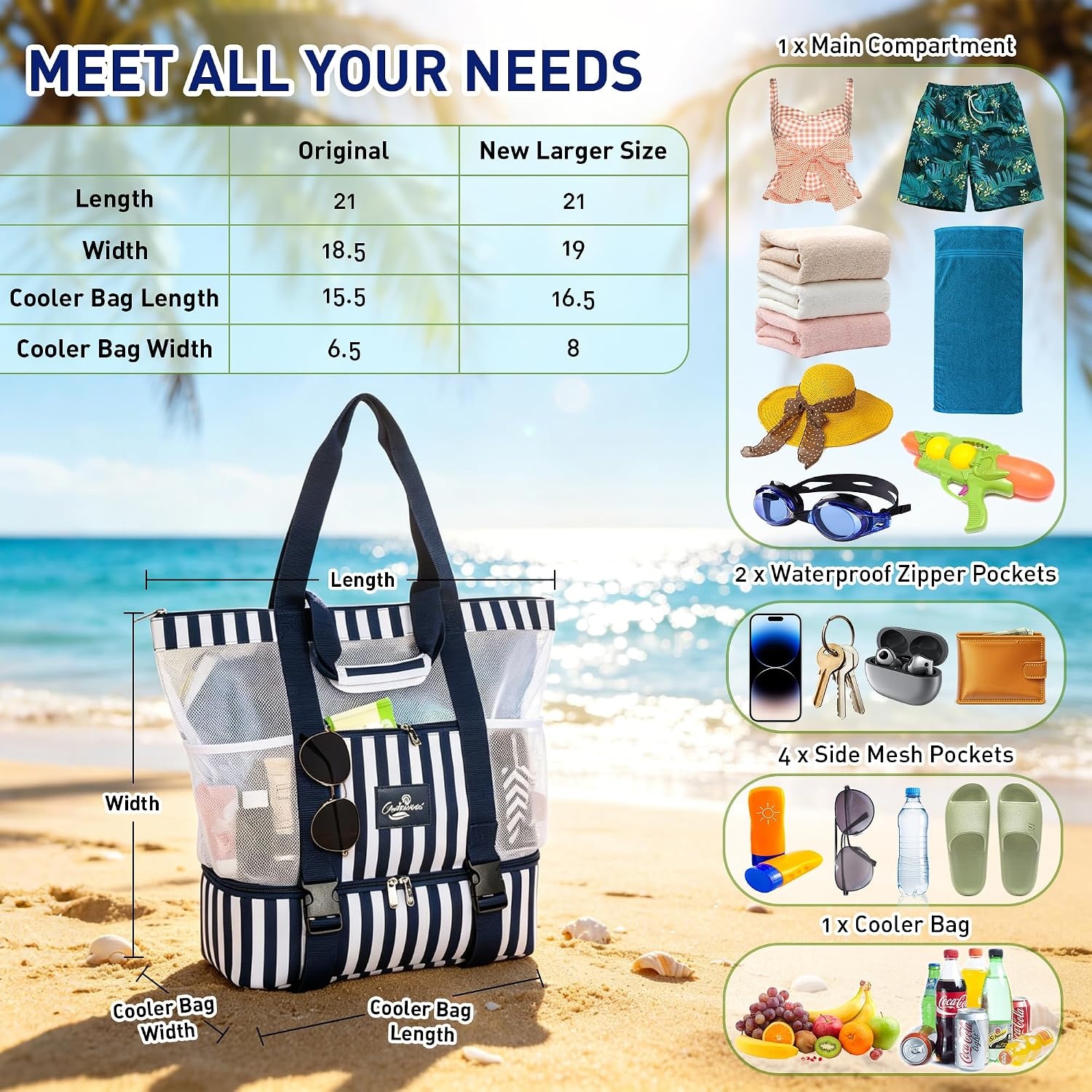 image:imageCatalonia Large Beach Tote Bag with Cooler Bag Mesh Carryall for WomenNavy striped
