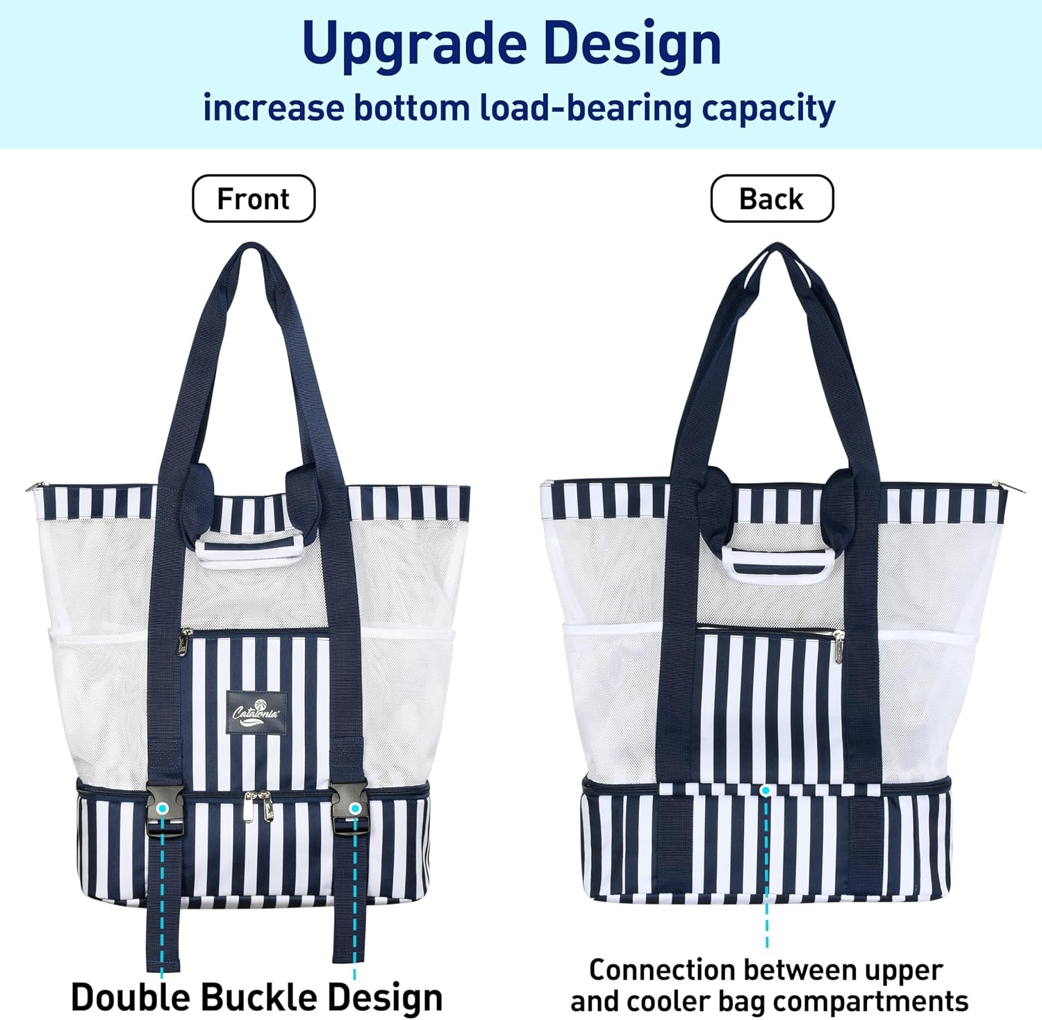 image:imageCatalonia Large Beach Tote Bag with Cooler Bag Mesh Carryall for WomenNavy striped