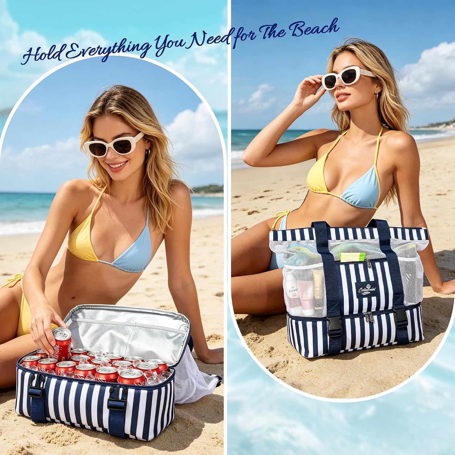 image:imageCatalonia Large Beach Tote Bag with Cooler Bag Mesh Carryall for WomenNavy striped