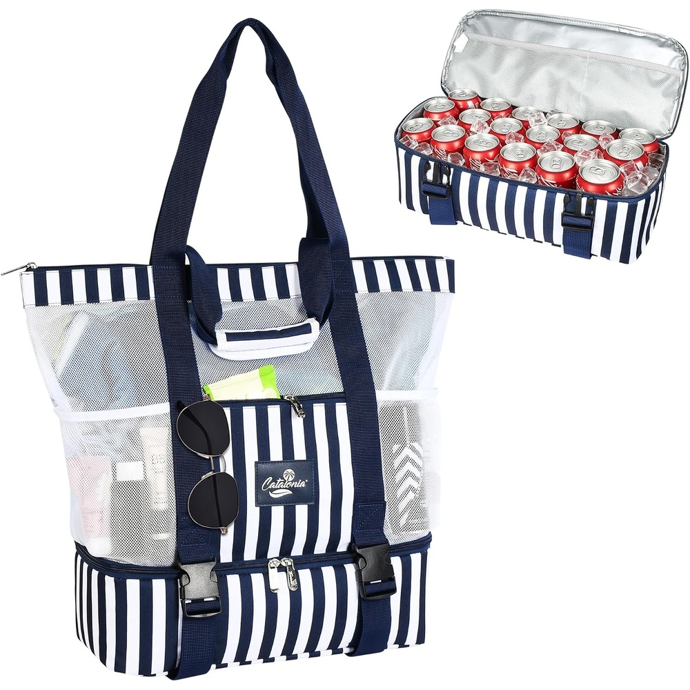 image:imageCatalonia Large Beach Tote Bag with Cooler Bag Mesh Carryall for WomenNavy striped