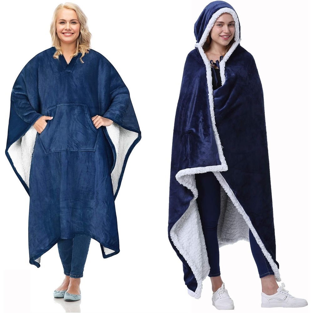 image:imageCatalonia Sherpa Wearable Blanket Poncho for Adult Women MenWrap Blanket Cape with PocketWarmSoftCozySnugglyComfort GiftNo SleevesNavy