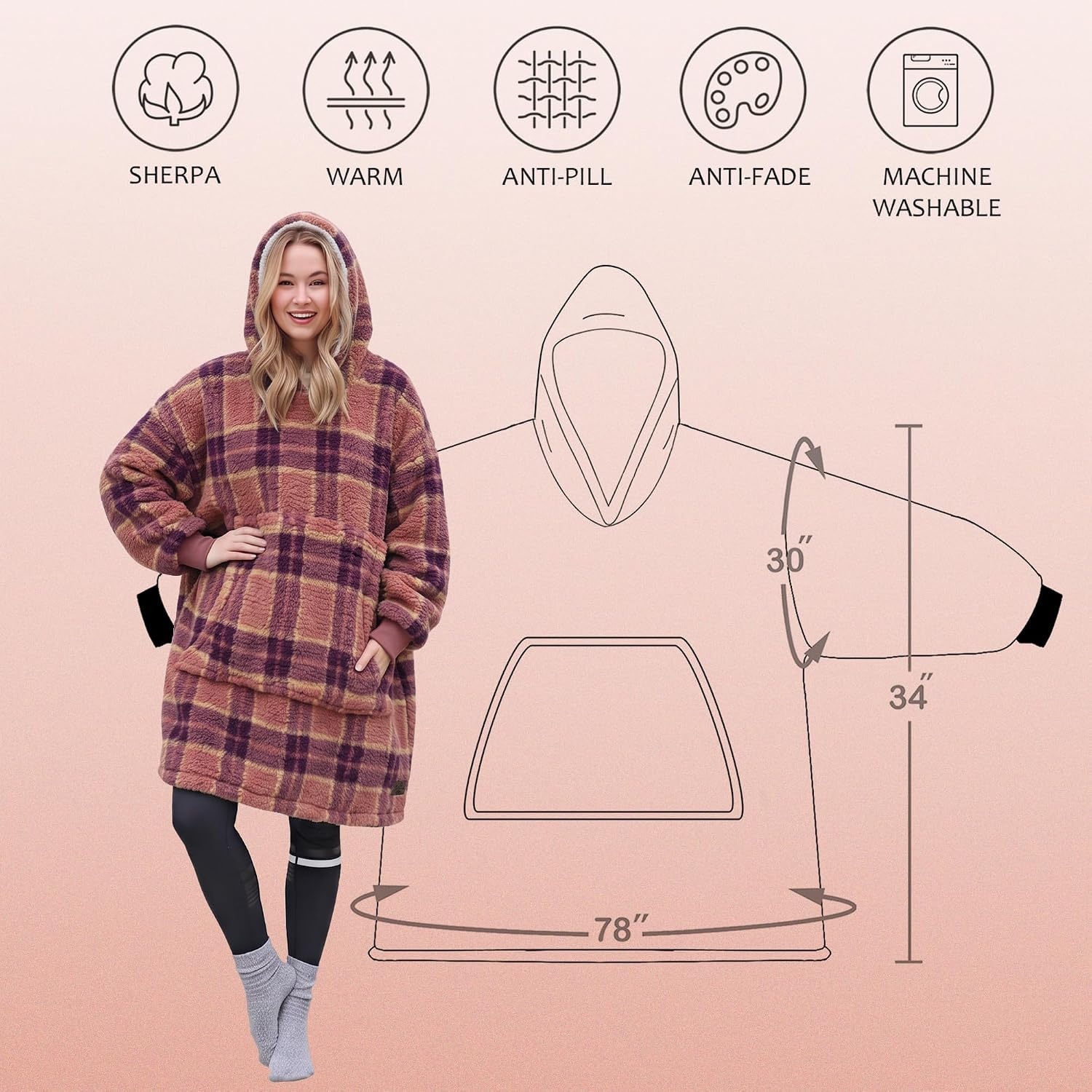 image:imageCatalonia Oversized Blanket Hoodie Wearable Blanket SweatshirtPlaid Brown