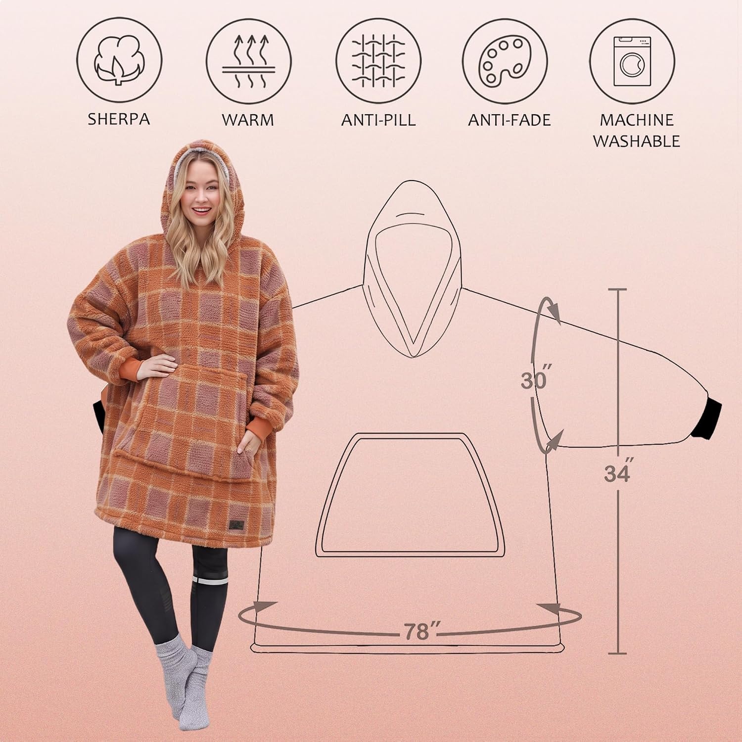 image:imageCatalonia Oversized Blanket Hoodie Wearable Blanket SweatshirtPlaid Orange