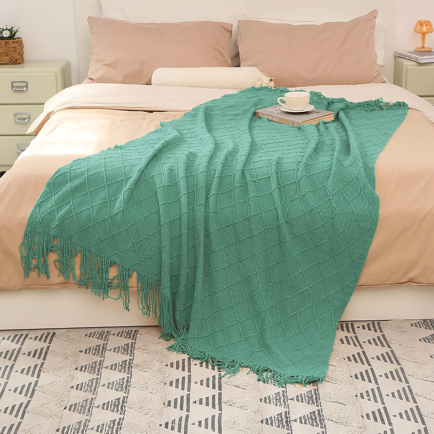 image:imageCatalonia Teal Green Knitted Throw Blanket for Couch Decorative Blanket with Fringe Acrylic Leisure Blanket for Bed Sofa Living Room All Seasons Lightweight Cozy Solid Color 5060 inchesTeal