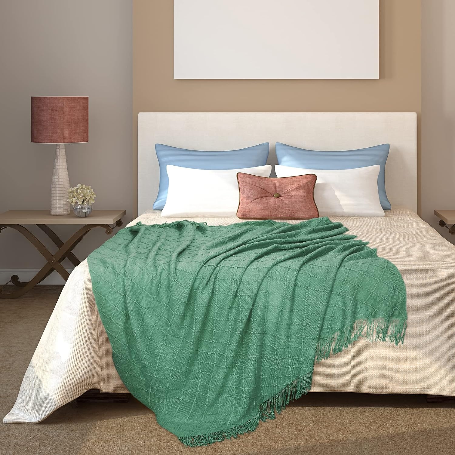 image:imageCatalonia Teal Green Knitted Throw Blanket for Couch Decorative Blanket with Fringe Acrylic Leisure Blanket for Bed Sofa Living Room All Seasons Lightweight Cozy Solid Color 5060 inchesTeal