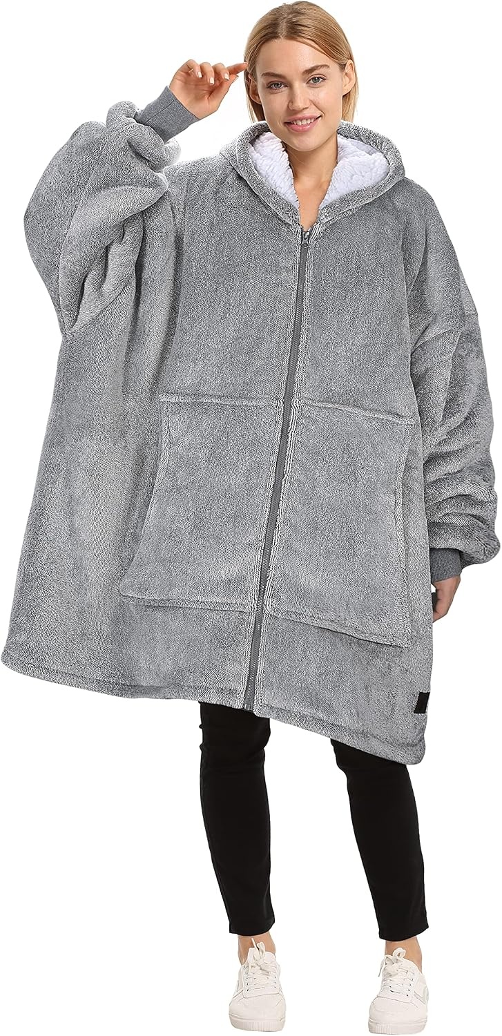 image:imageCatalonia Zip Up Wearable Blanket Hoodie Oversized Sherpa SweatshirtAsh Grey