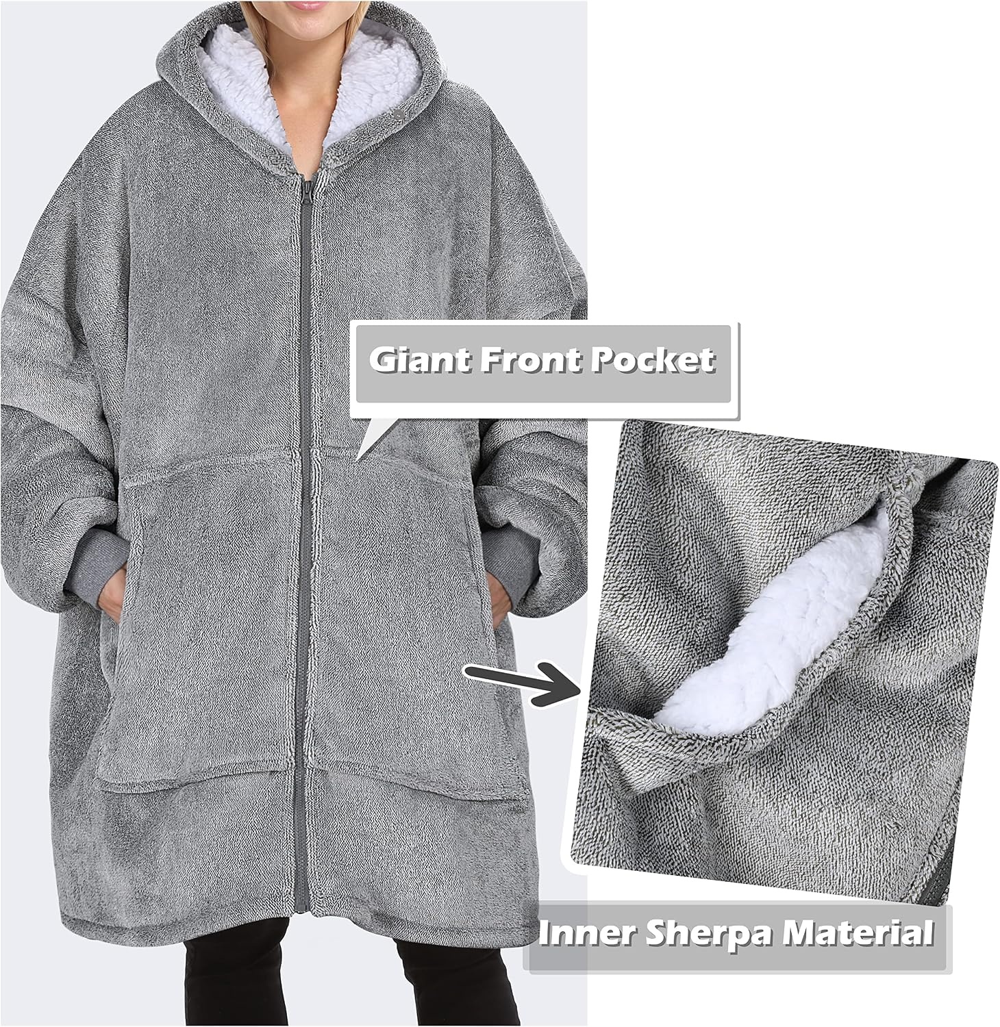 image:imageCatalonia Zip Up Wearable Blanket Hoodie Oversized Sherpa SweatshirtAsh Grey