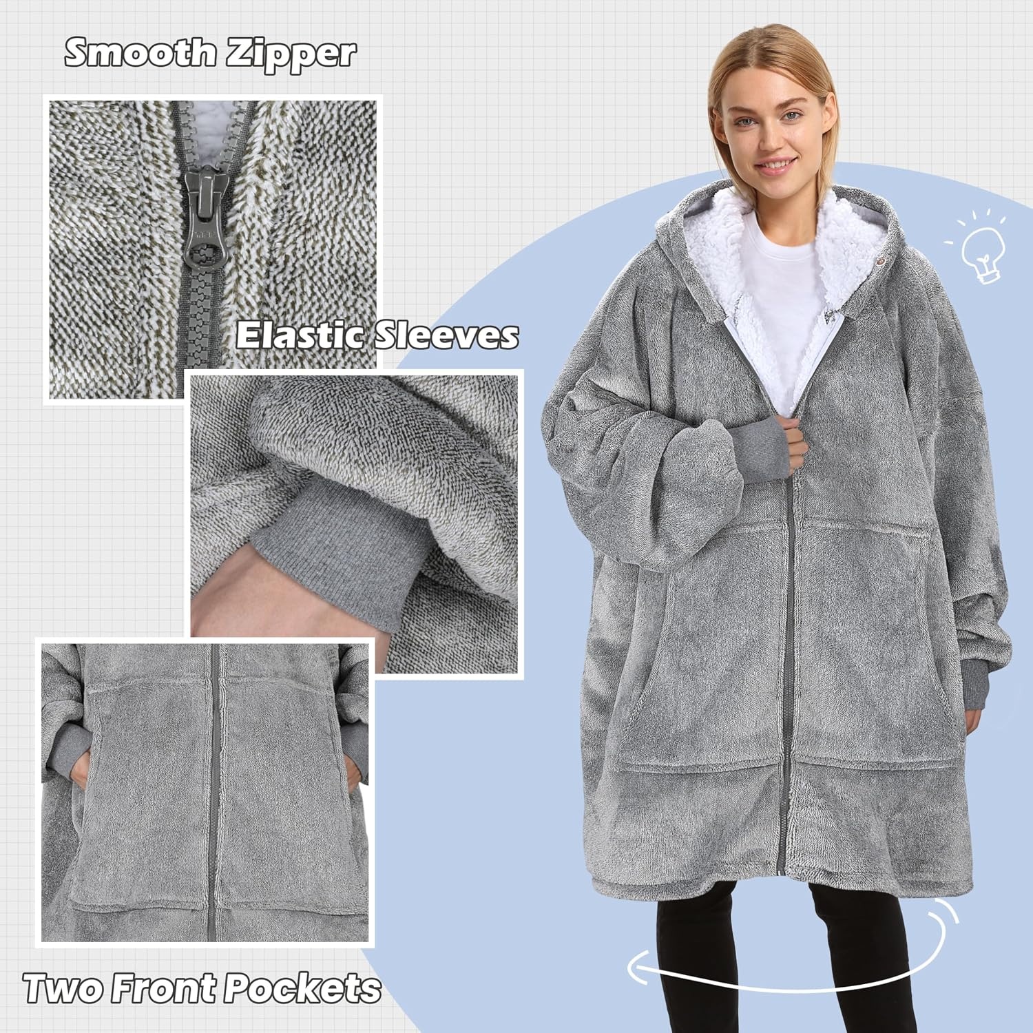 image:imageCatalonia Zip Up Wearable Blanket Hoodie Oversized Sherpa SweatshirtAsh Grey