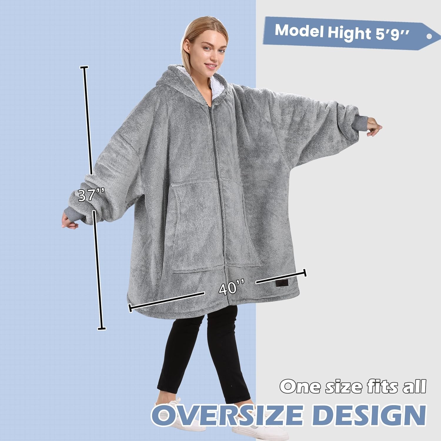 image:imageCatalonia Zip Up Wearable Blanket Hoodie Oversized Sherpa SweatshirtAsh Grey
