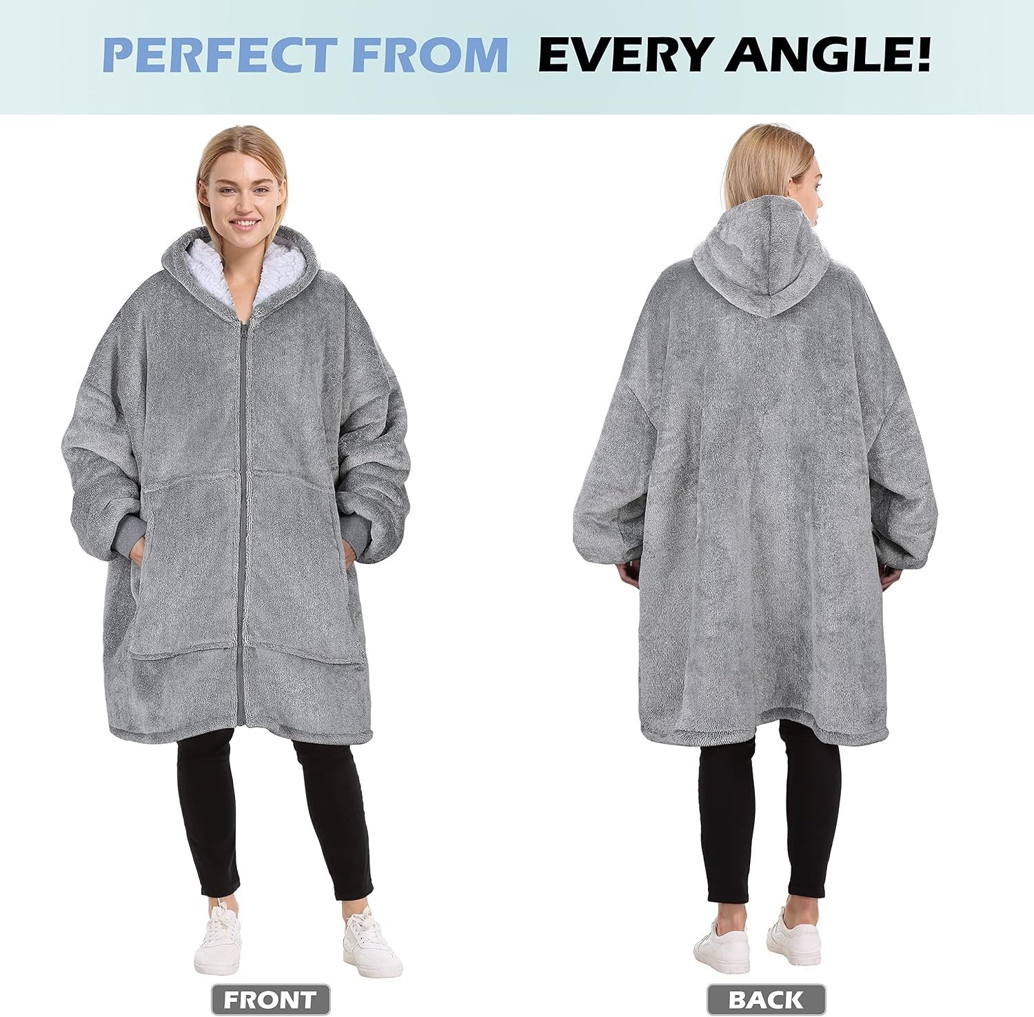 image:imageCatalonia Zip Up Wearable Blanket Hoodie Oversized Sherpa SweatshirtAsh Grey