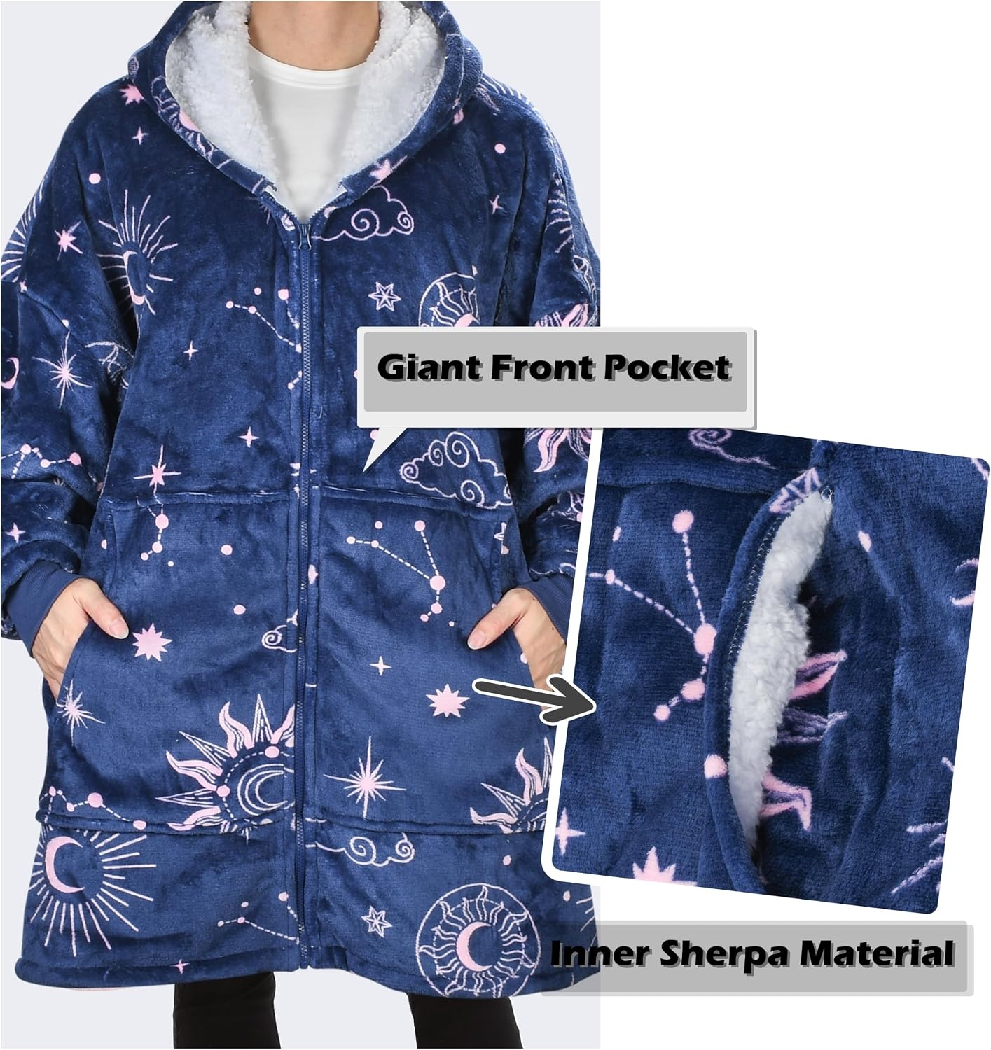 image:imageCatalonia Zip Up Wearable Blanket Hoodie Oversized Sherpa SweatshirtAstrology Navy