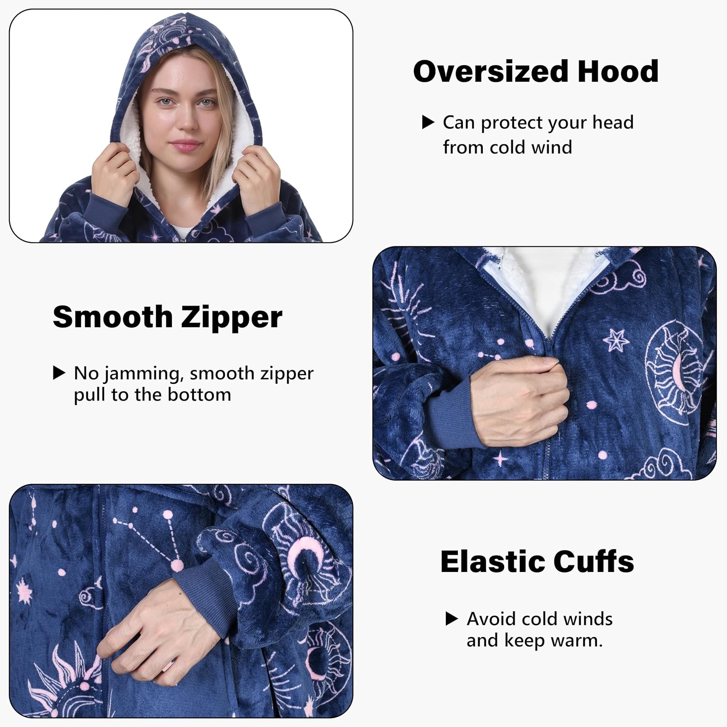 image:imageCatalonia Zip Up Wearable Blanket Hoodie Oversized Sherpa SweatshirtAstrology Navy