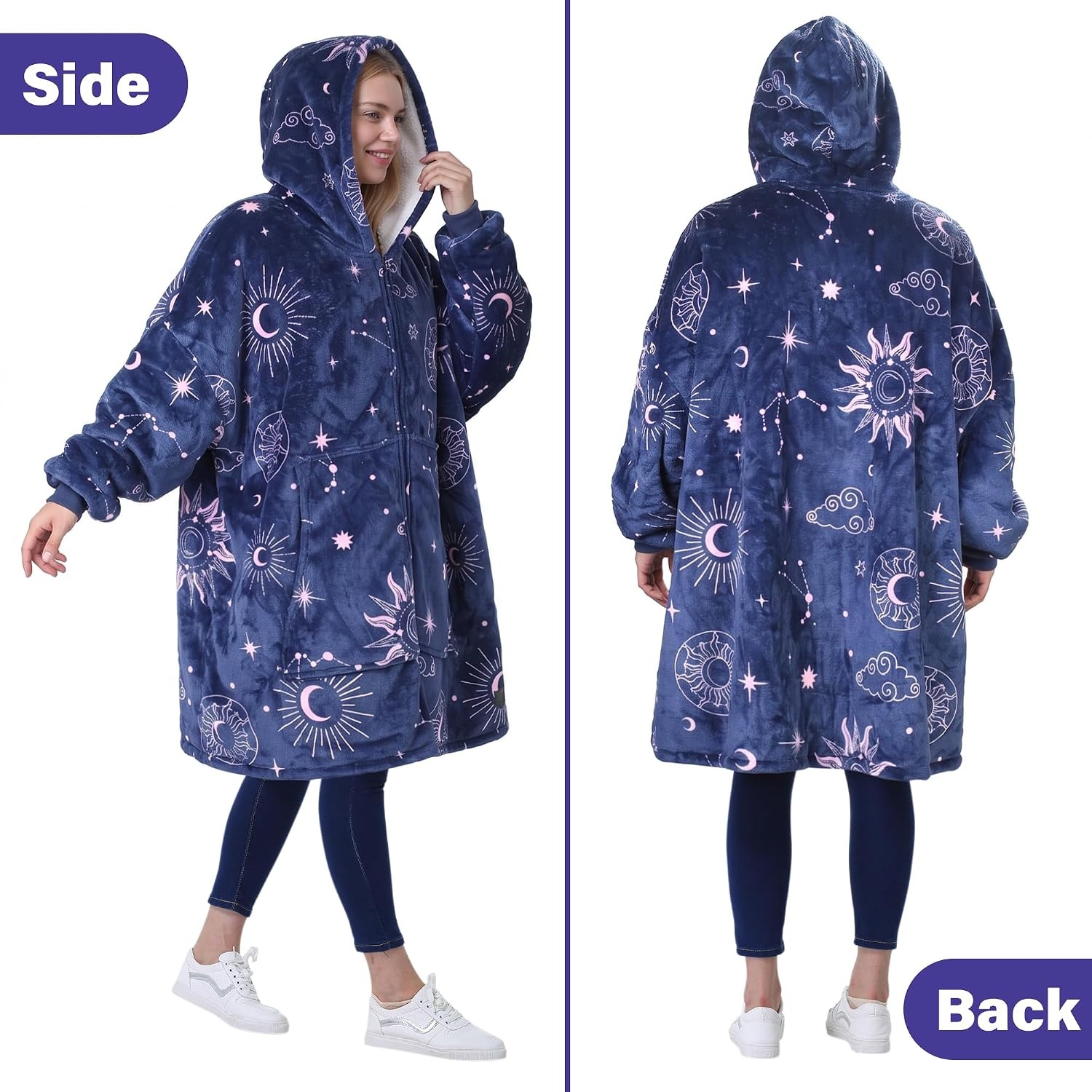 image:imageCatalonia Zip Up Wearable Blanket Hoodie Oversized Sherpa SweatshirtAstrology Navy