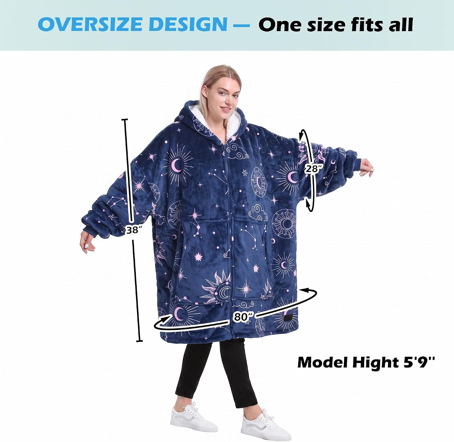 image:imageCatalonia Zip Up Wearable Blanket Hoodie Oversized Sherpa SweatshirtAstrology Navy