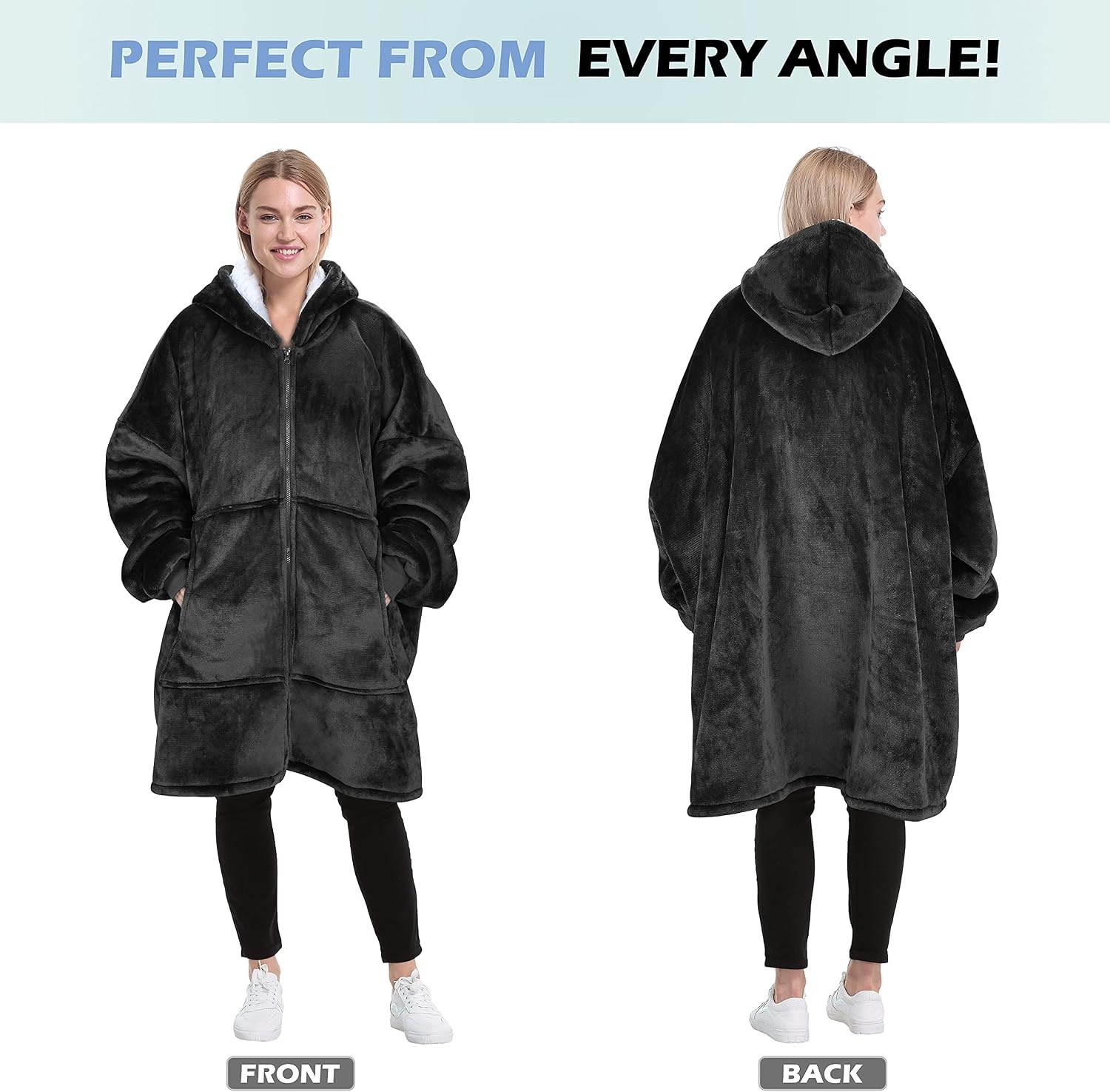 image:imageCatalonia Zip Up Wearable Blanket Hoodie Oversized Sherpa SweatshirtBlack