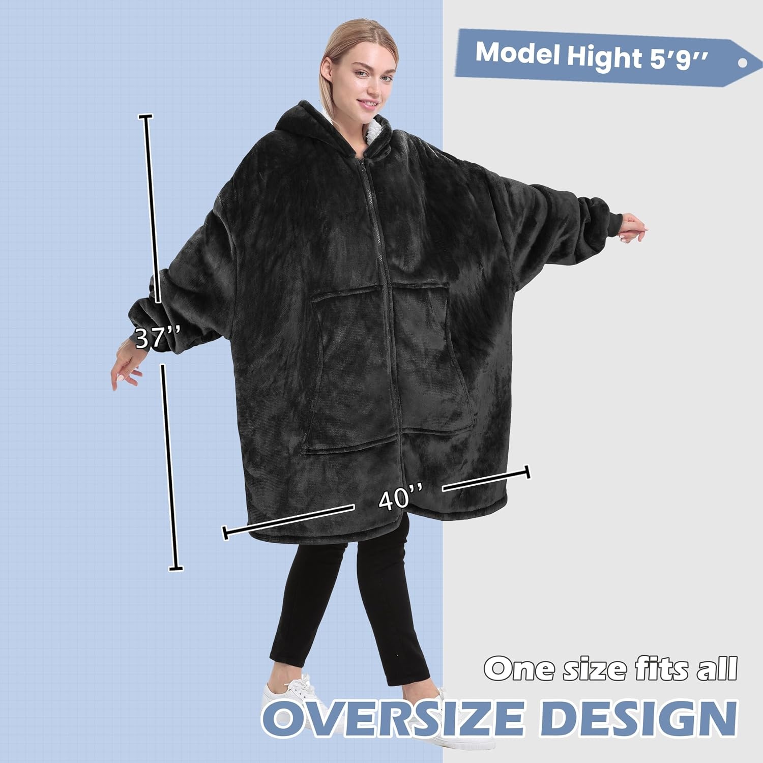 image:imageCatalonia Zip Up Wearable Blanket Hoodie Oversized Sherpa SweatshirtBlack