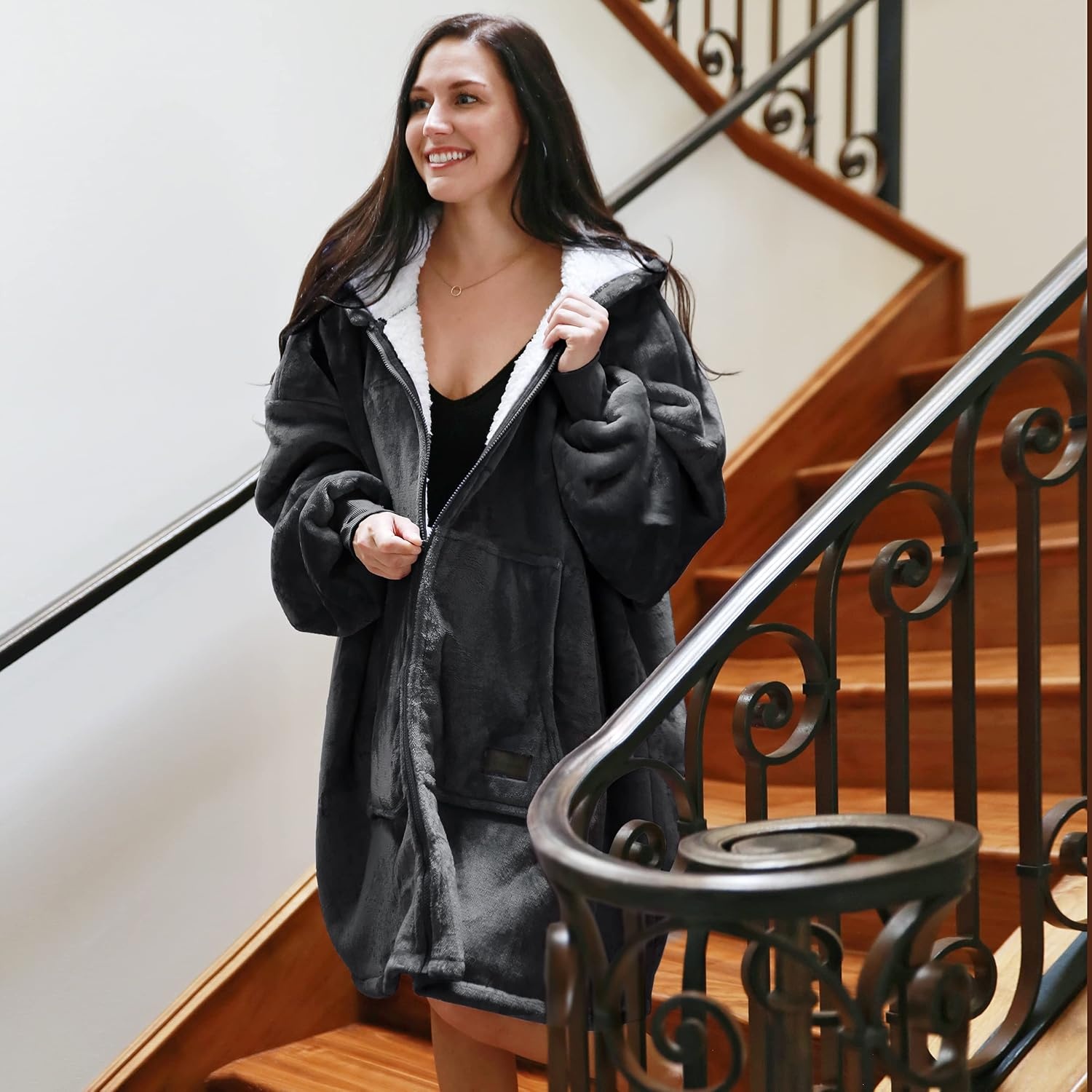 image:imageCatalonia Zip Up Wearable Blanket Hoodie Oversized Sherpa SweatshirtBlack